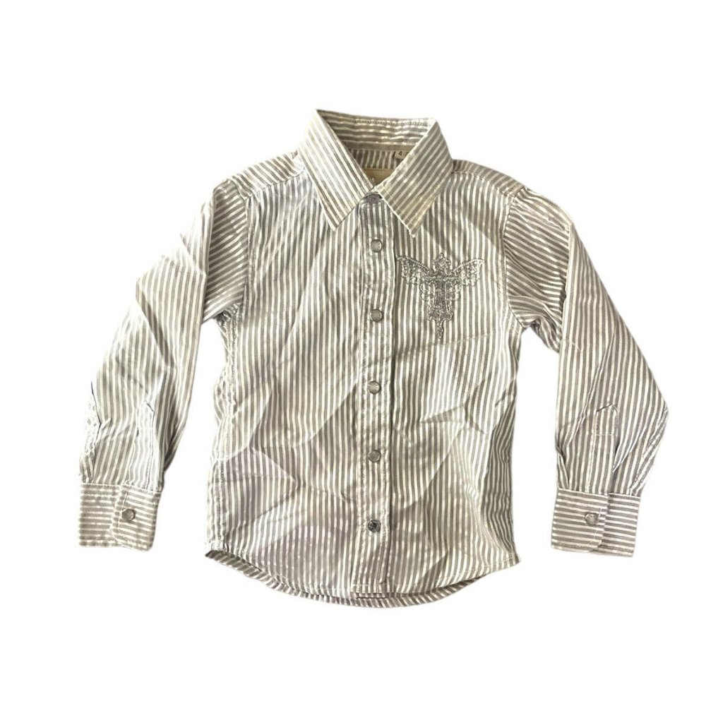 Platini Jeans Cougar Gray White Striped Cross Long Sleeve Button Up Shirt Size 4